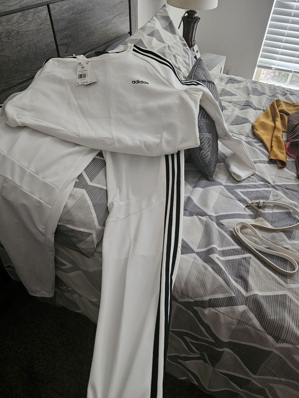 adidas White Track Pants & Top with Black Stripes